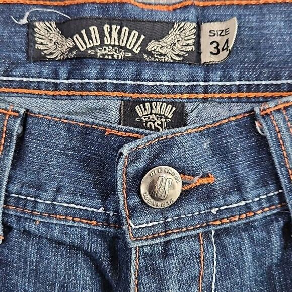 Old Skool Jeans Men's Size 34x30 Wide Leg Denim Pants Y2K Embroidered Pockets - Picture 13 of 16